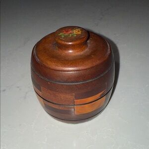 Vintage Multi-Toned Wooden Barrel Style Jar with Decorative Floral Lid Accent